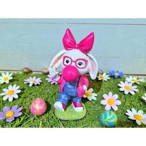 Cute Bunny Figurine with Pink Bow and Glasses